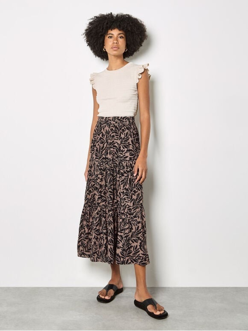 Primark Black and Cream Botanical Tiered Maxi Skirt with Elastic Waist, Size XS